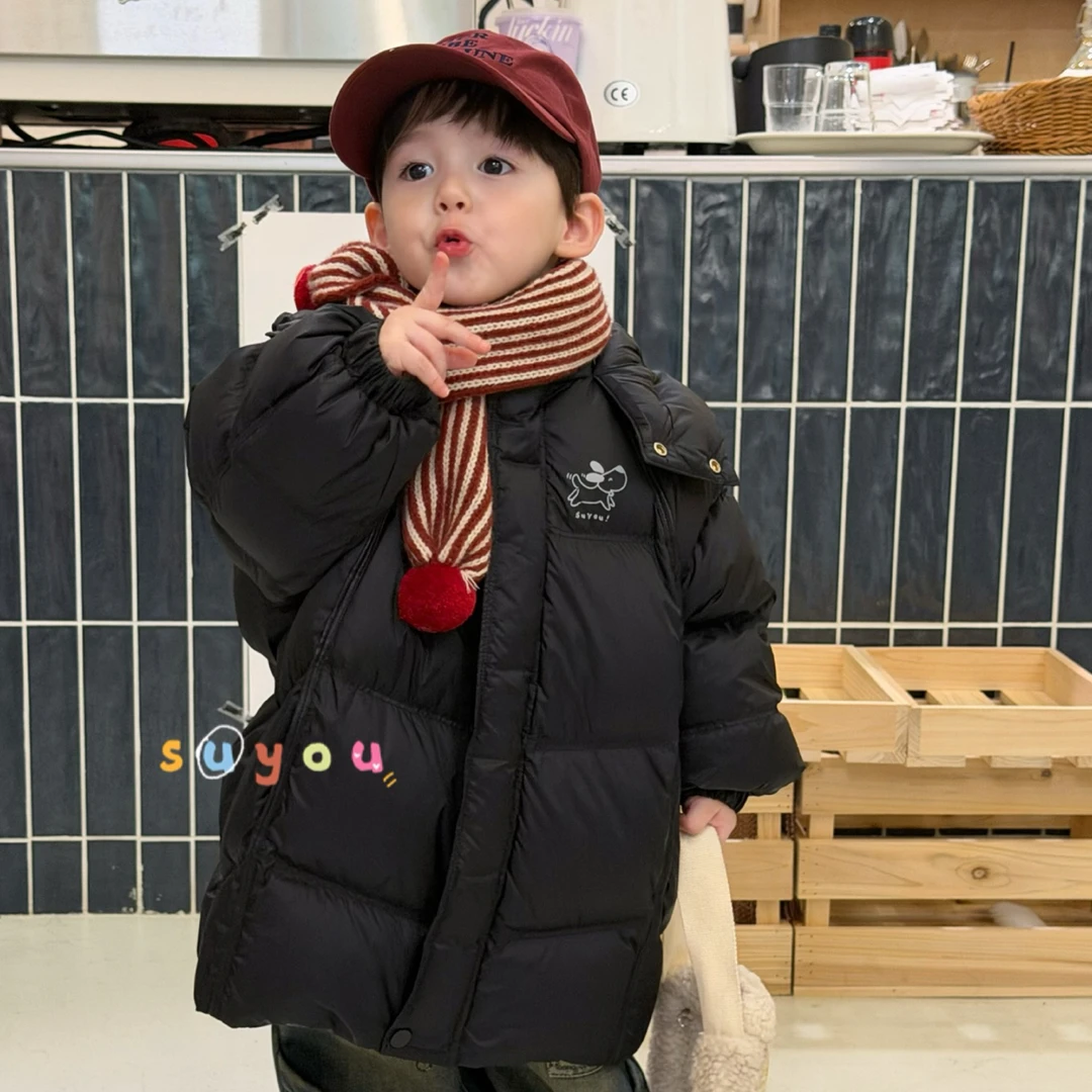 苏右 2025冬季新款韩版男童小童史努比中长款连帽加厚羽绒服外套