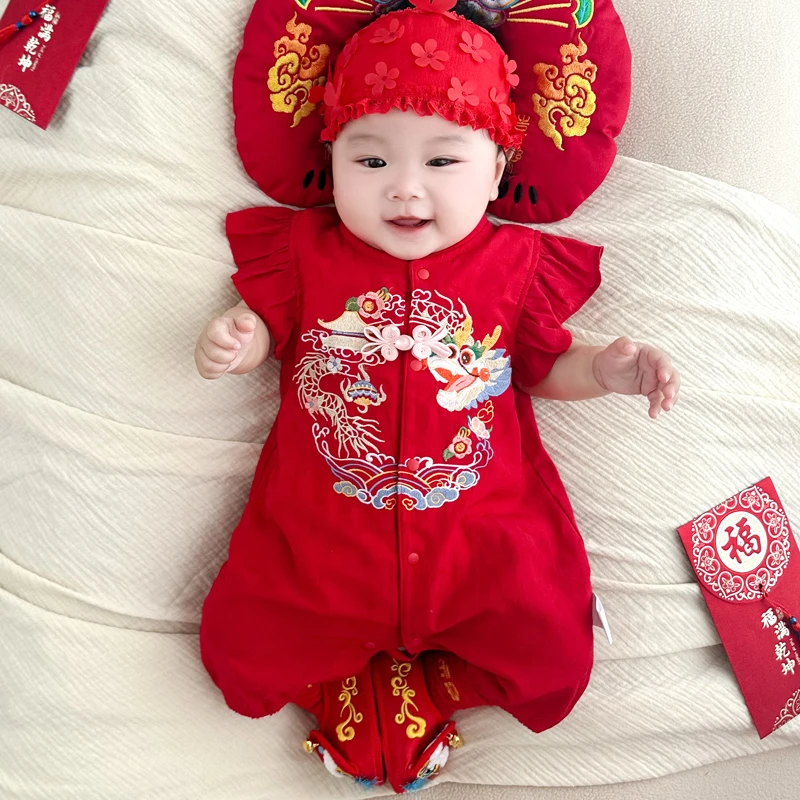 蛇年女宝短袖连体衣婴儿夏季哈衣宝宝满月百天周岁服红色薄款6292