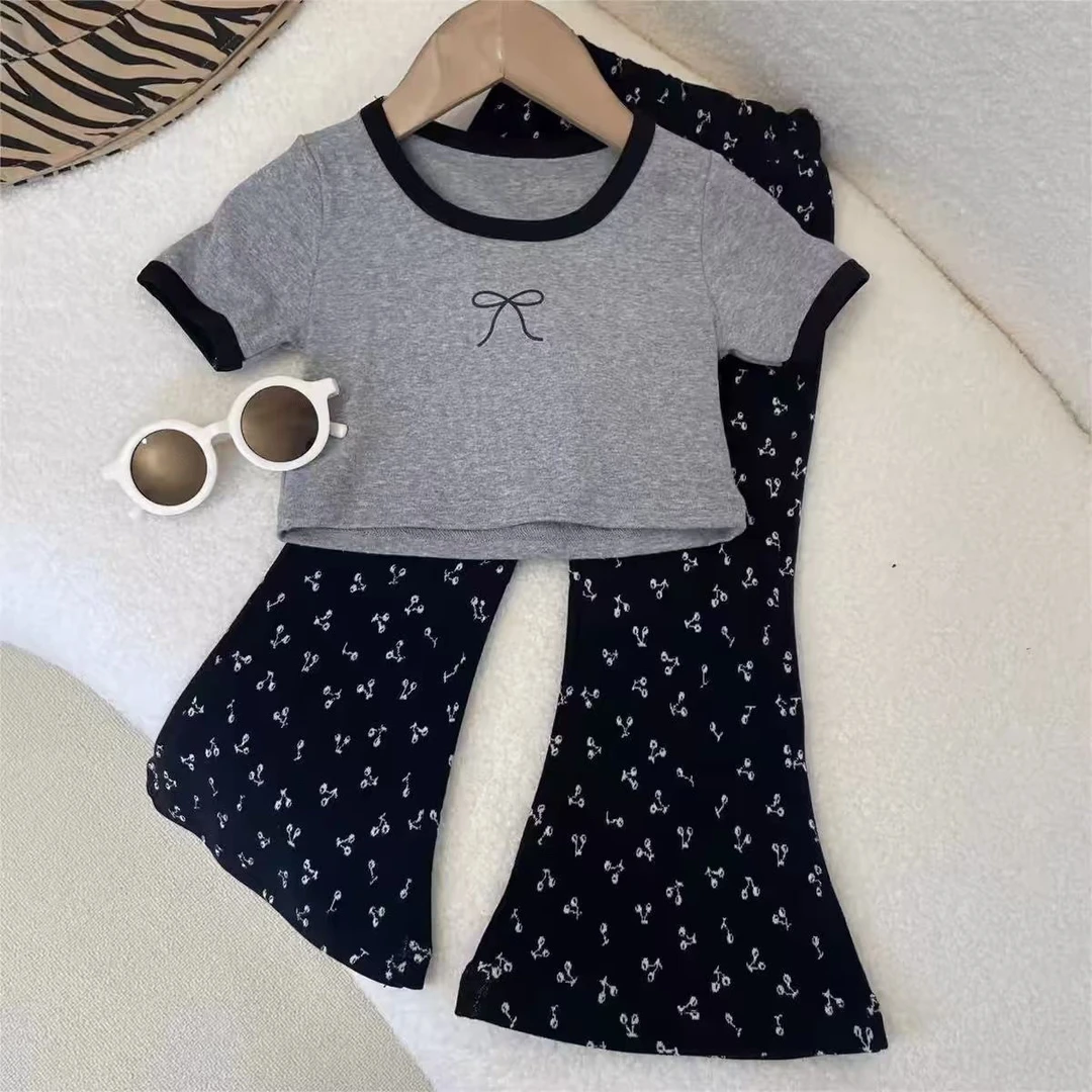 套头碎花夏季女韩版薄款套装童装儿童洋气灰色休闲服印花小童夏款