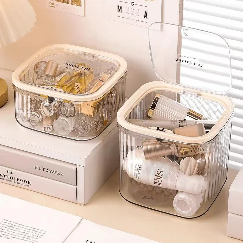 桌面收纳盒按压弹盖式大容量透明化妆品杂物收纳整理多功能收纳盒