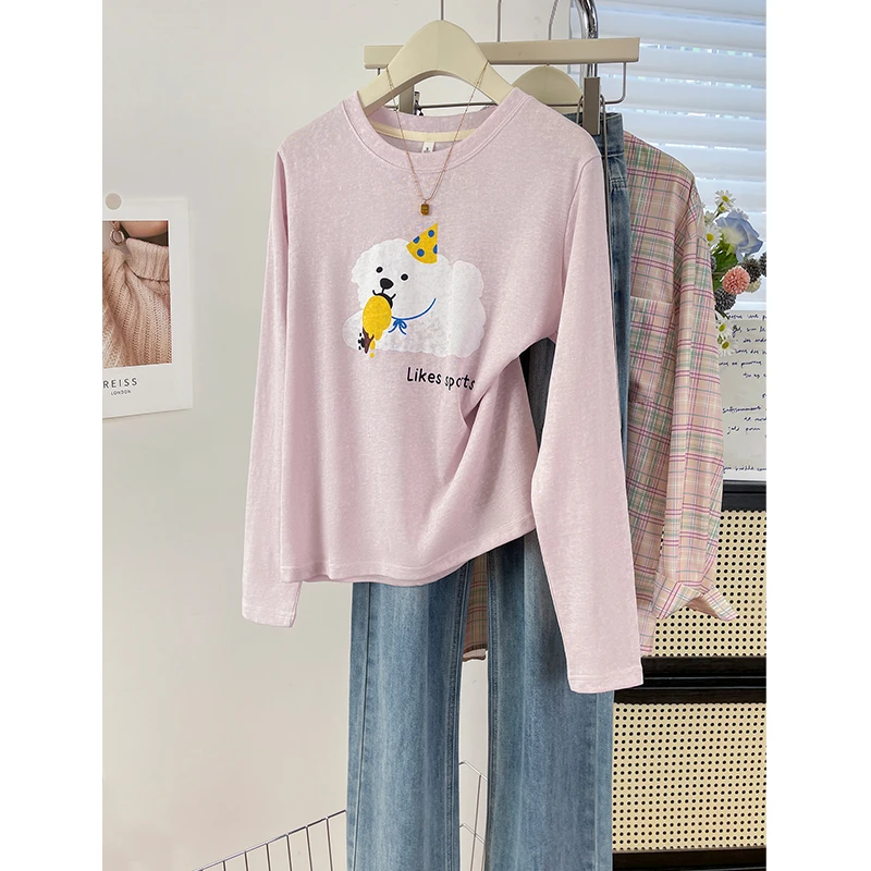 趣味小狗印麻感棉薄款圆领长袖T恤女2025新款时尚气质百搭上衣潮