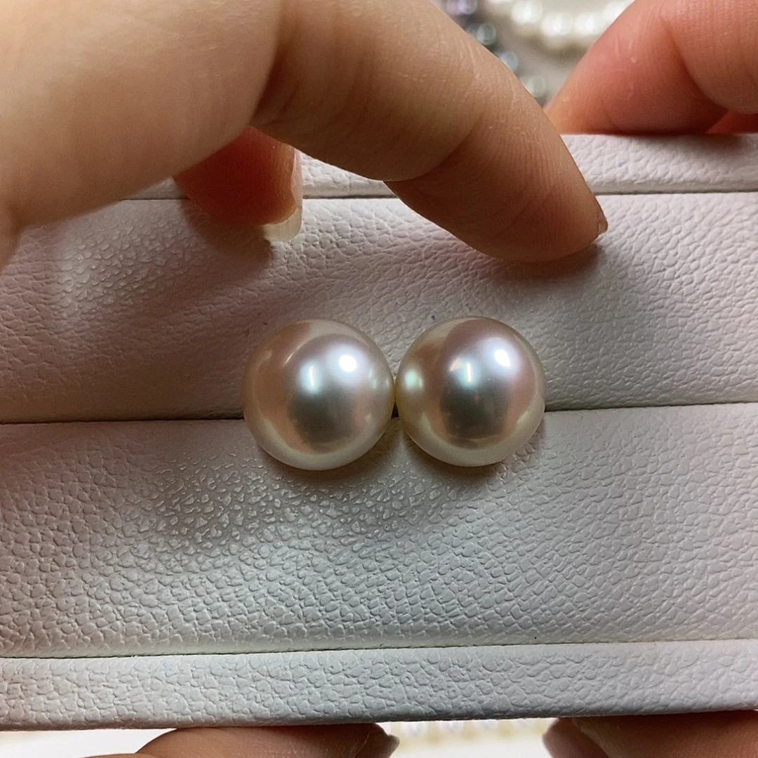 海水珍珠耳饰18K金镶嵌13-14mm南洋金珠耳钉（干枯玫瑰）
