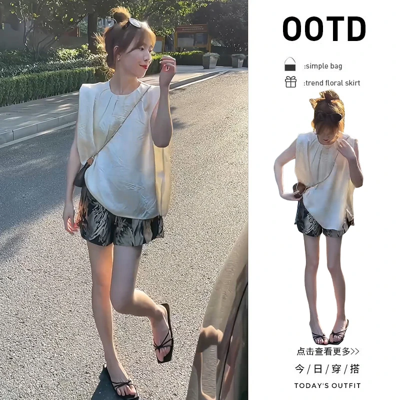 【现货】夏季穿搭一整套2025新款韩版宽松衬衫百搭碎花短裤两件套女