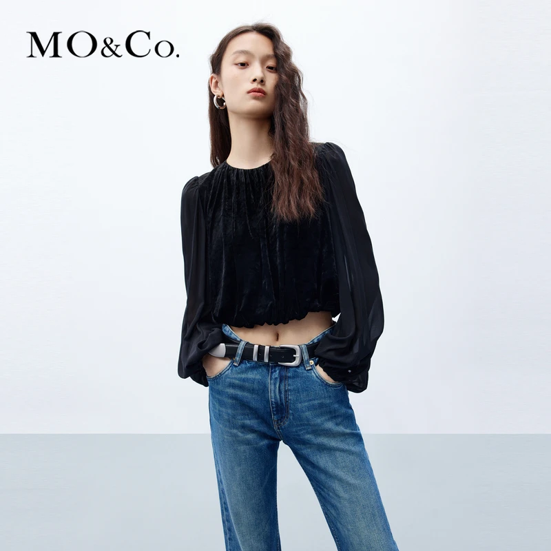 【赵老板专属】MOCO秋醋酸混纺泡泡褶理拼接丝绒感上衣MBC3TOP010