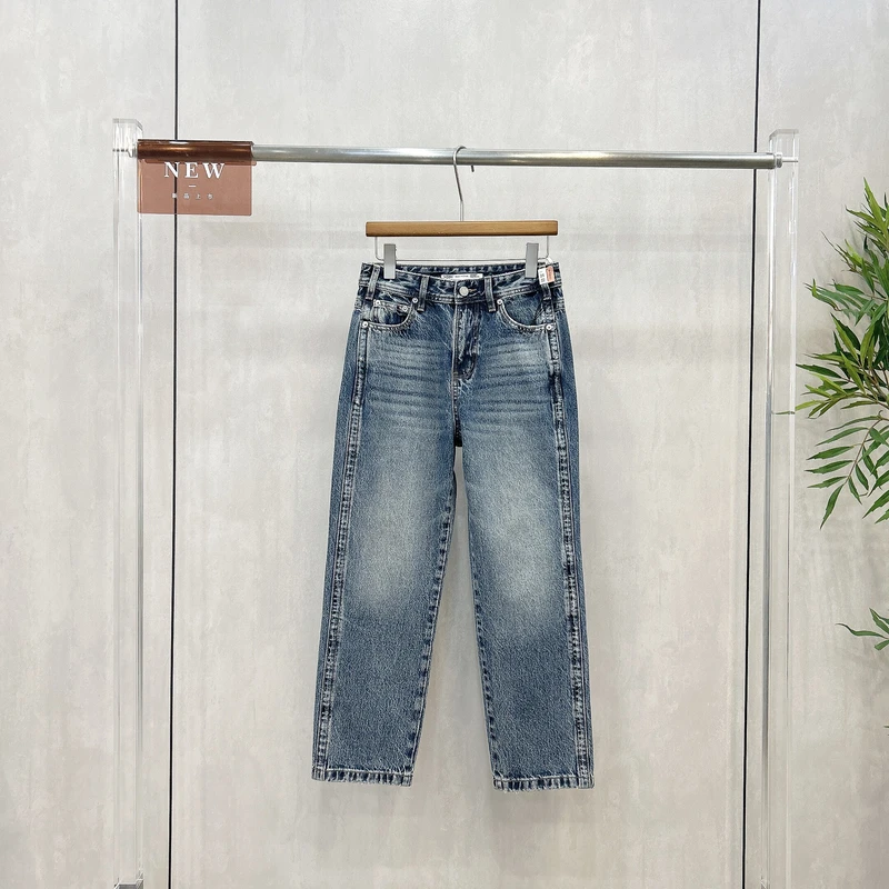 WEISU唯速早春新款九分牛仔裤女高腰无弹窄版直筒显瘦法棍裤57317