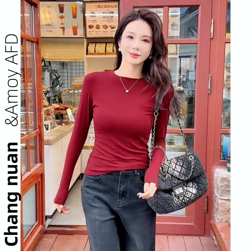 气质高级感小立领红色长袖打底衫女新年内搭秋冬新款修身显瘦上衣