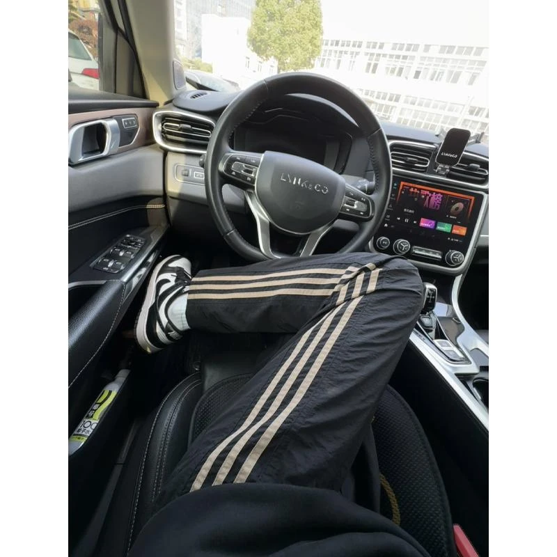 网眼透气黑金条纹裤子男美式户外运动休闲速干直筒三条杠尼龙长裤