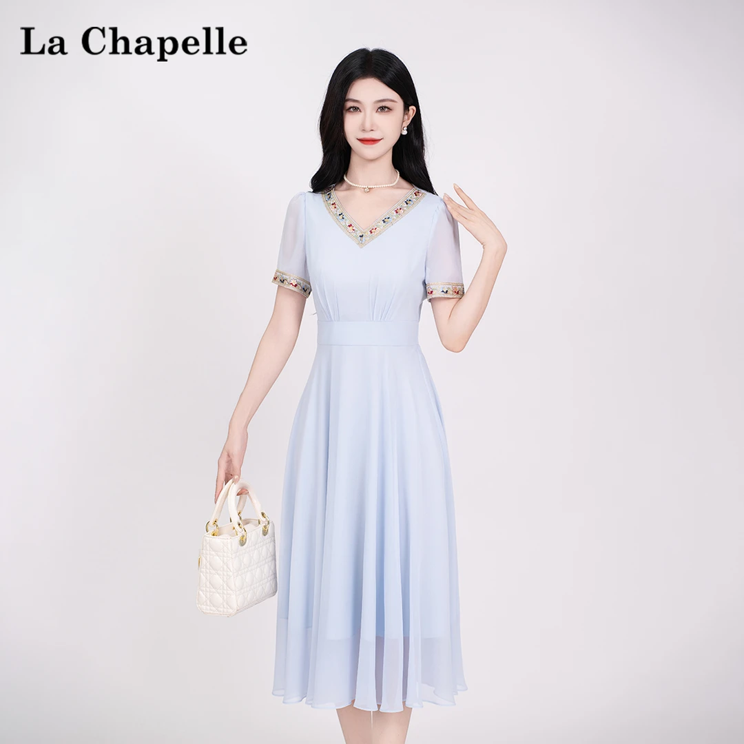 【拉夏贝尔】夏季法式设计感显瘦松紧腰短袖连衣裙