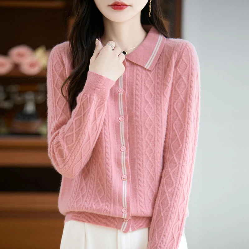 时尚翻领~加厚撞色绞花POLO羊毛衫新款复古针织开衫