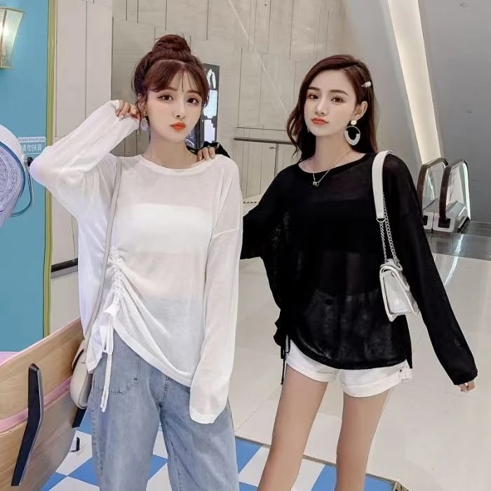 抽绳薄款女防晒衣2025夏季新款宽松冰丝长袖针织衫上衣外穿罩衫潮