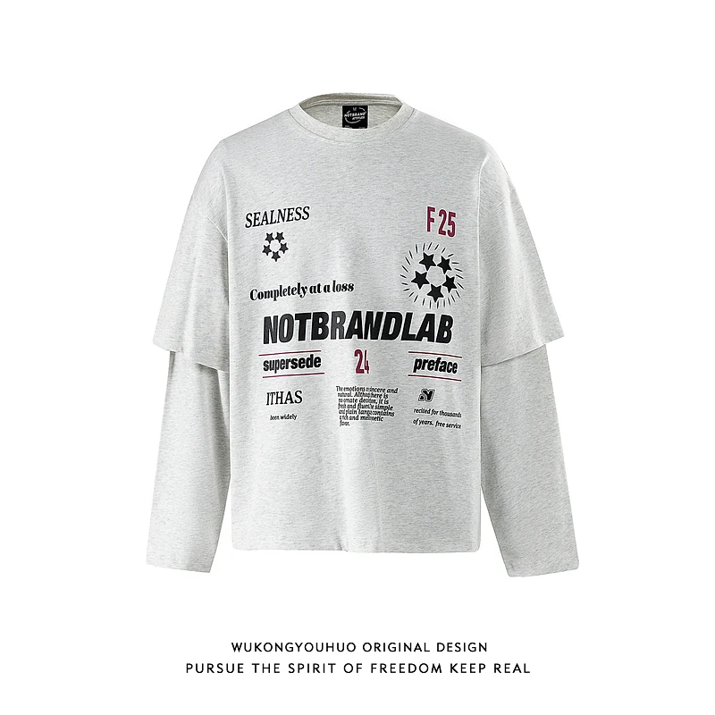 悟空有货潮牌美式假两件拼接长袖T恤男秋季宽松潮流百搭休闲上衣