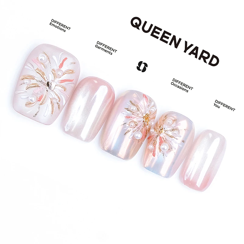 QUEENYARD【粉焰珠光】手绘烟火珍珠冰透感美甲2025款手工穿戴甲