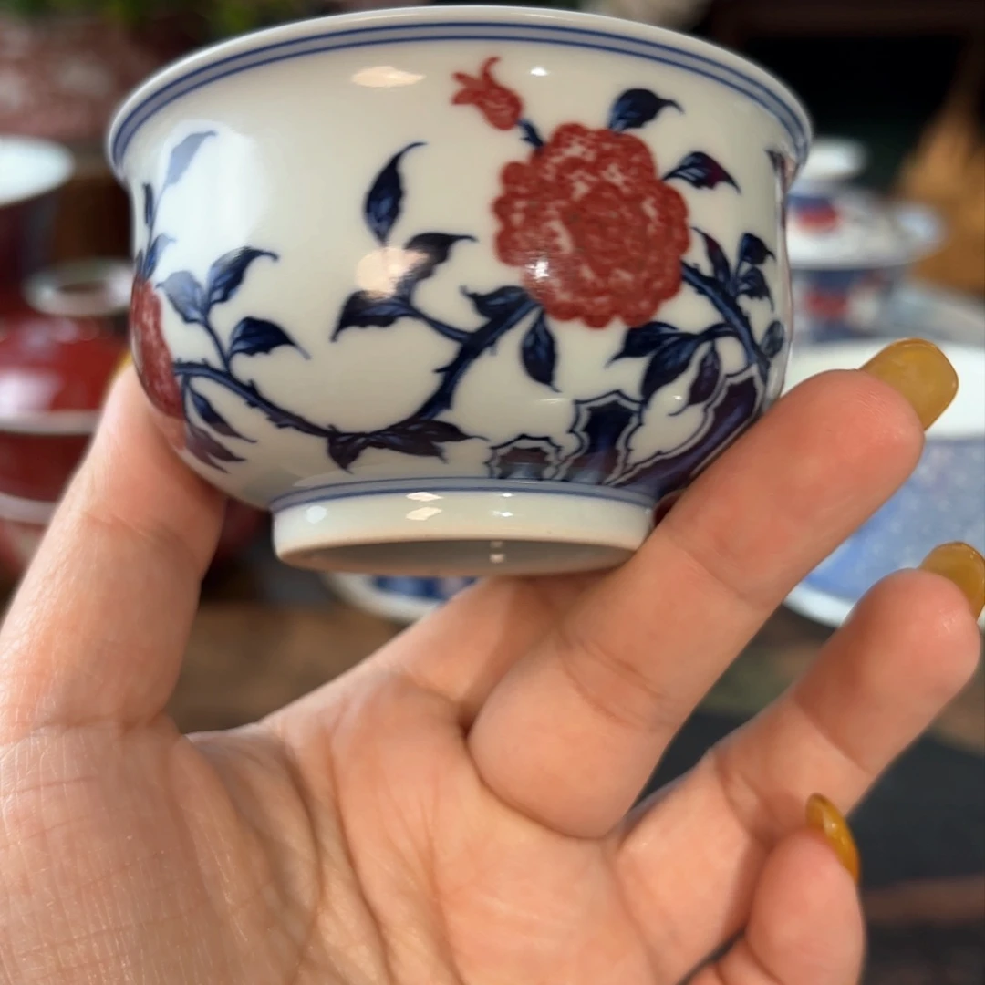 瓷青花釉里红山茶花杯杯