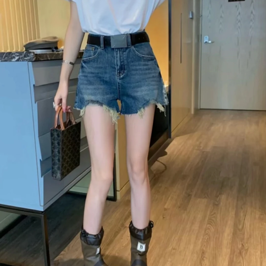 复古蓝不规则毛边阔腿牛仔短裤女夏季新款高腰宽松显瘦A字热裤子