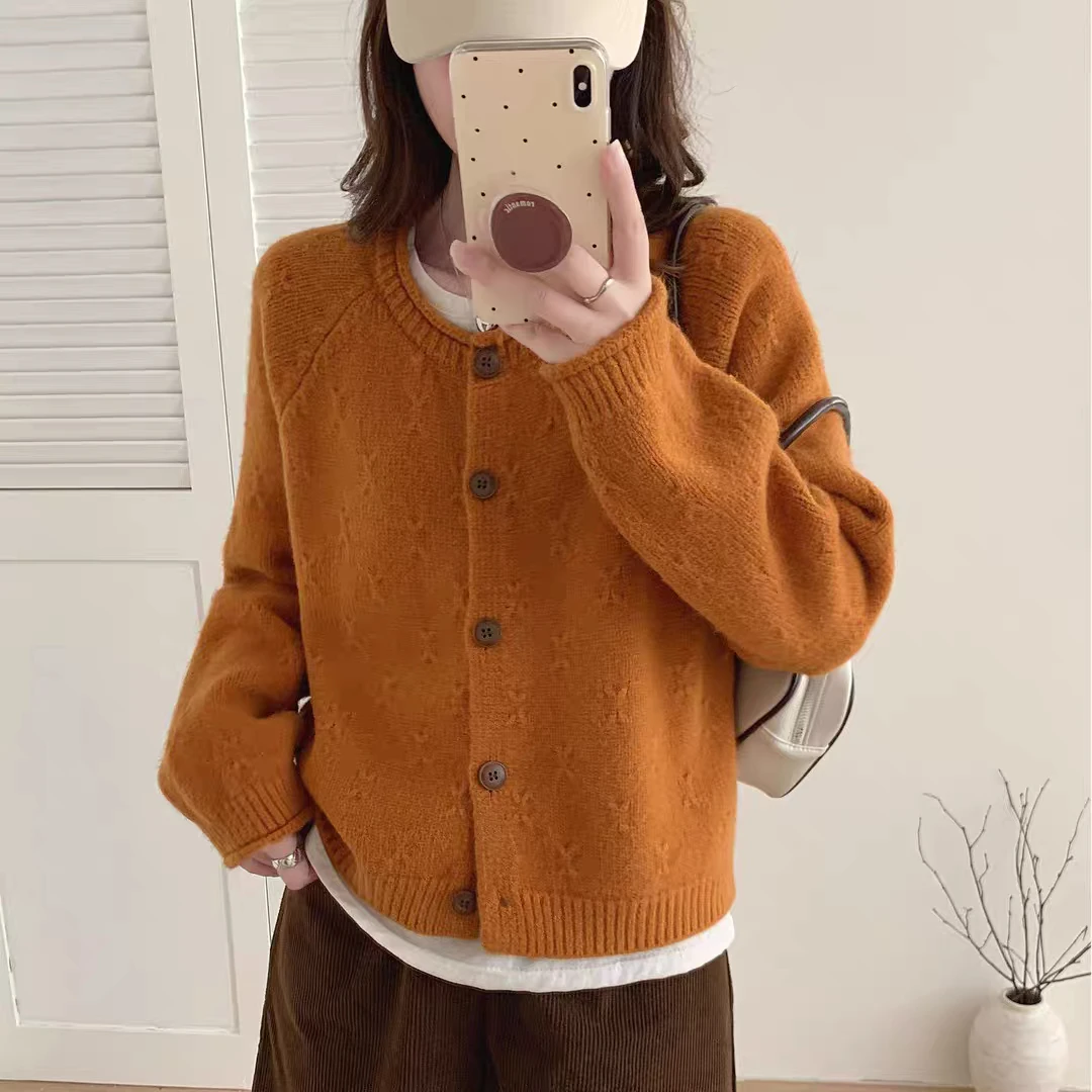 插肩袖加厚宽松毛衣外套秋冬长袖短款时尚洋气百搭圆领针织开衫
