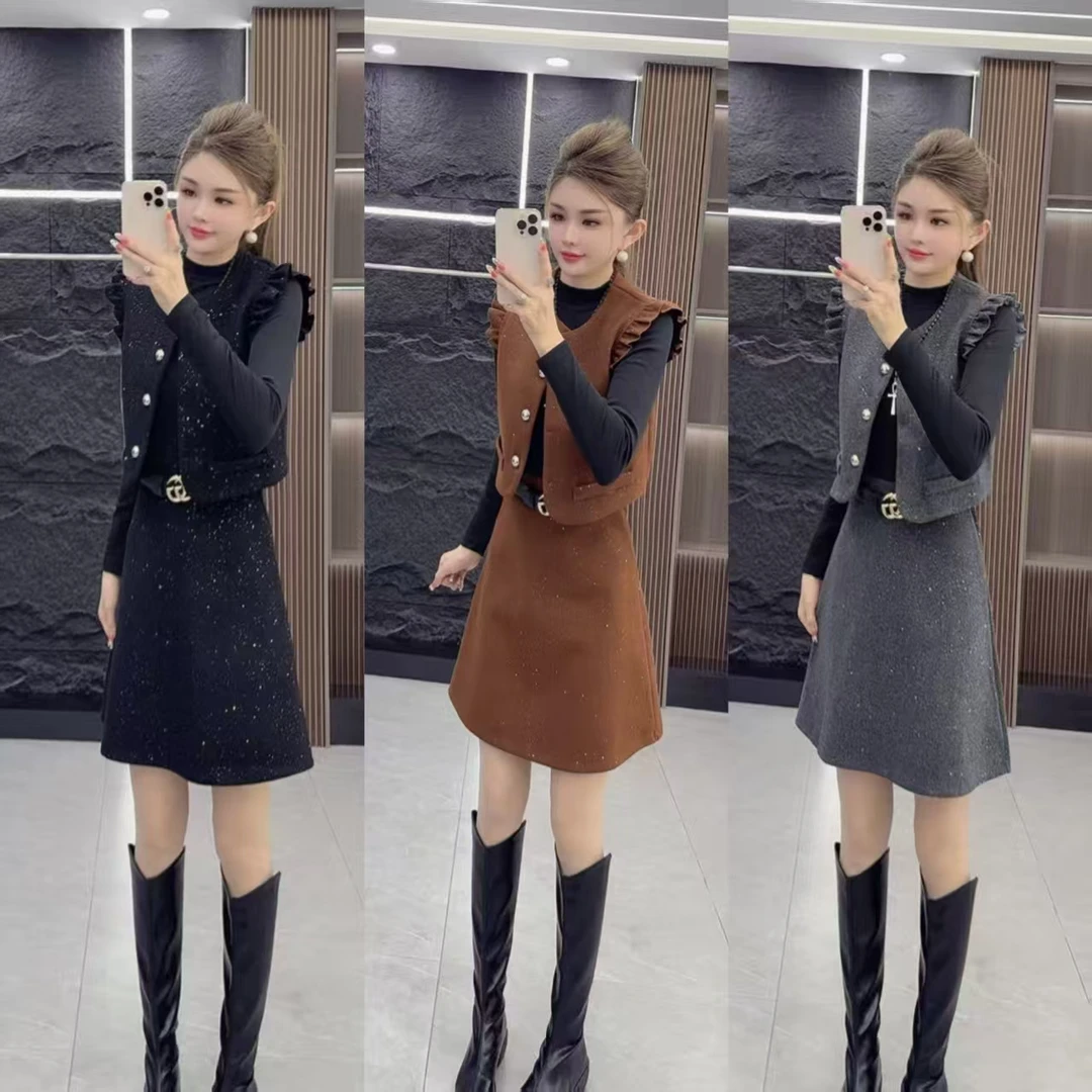 秋季3712 小香风满天星撞色假两件连衣裙 加菲菲边马甲 两件套