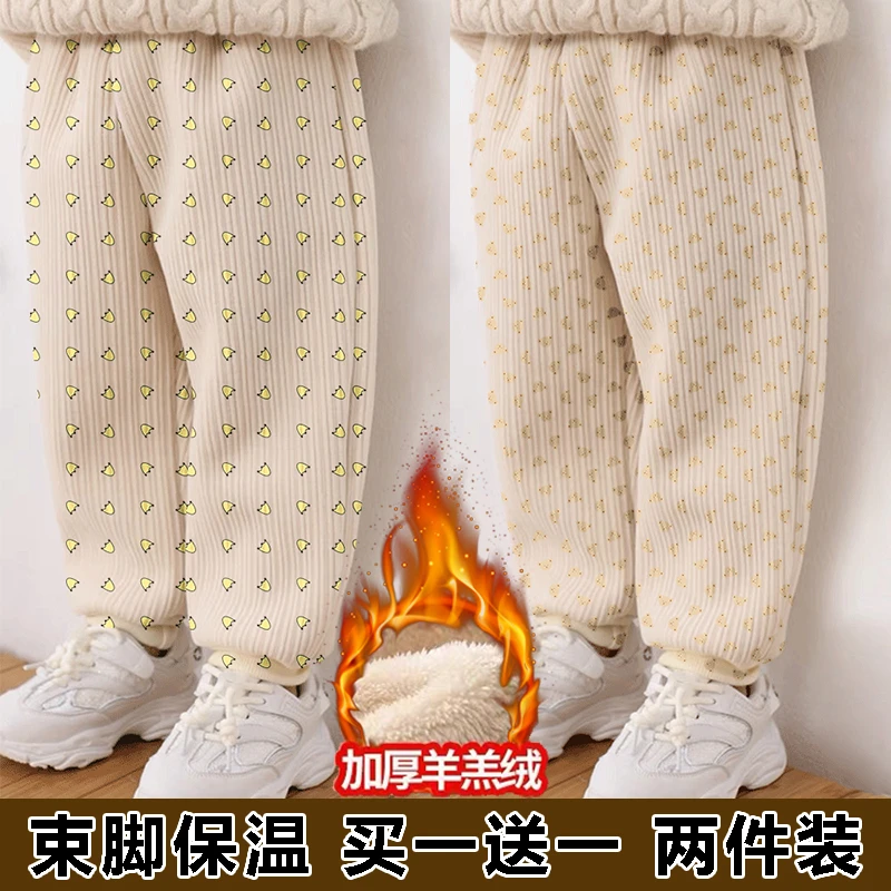 冬季加绒加厚保暖灯芯绒束脚裤新款印花儿童中小童卡通百搭长裤