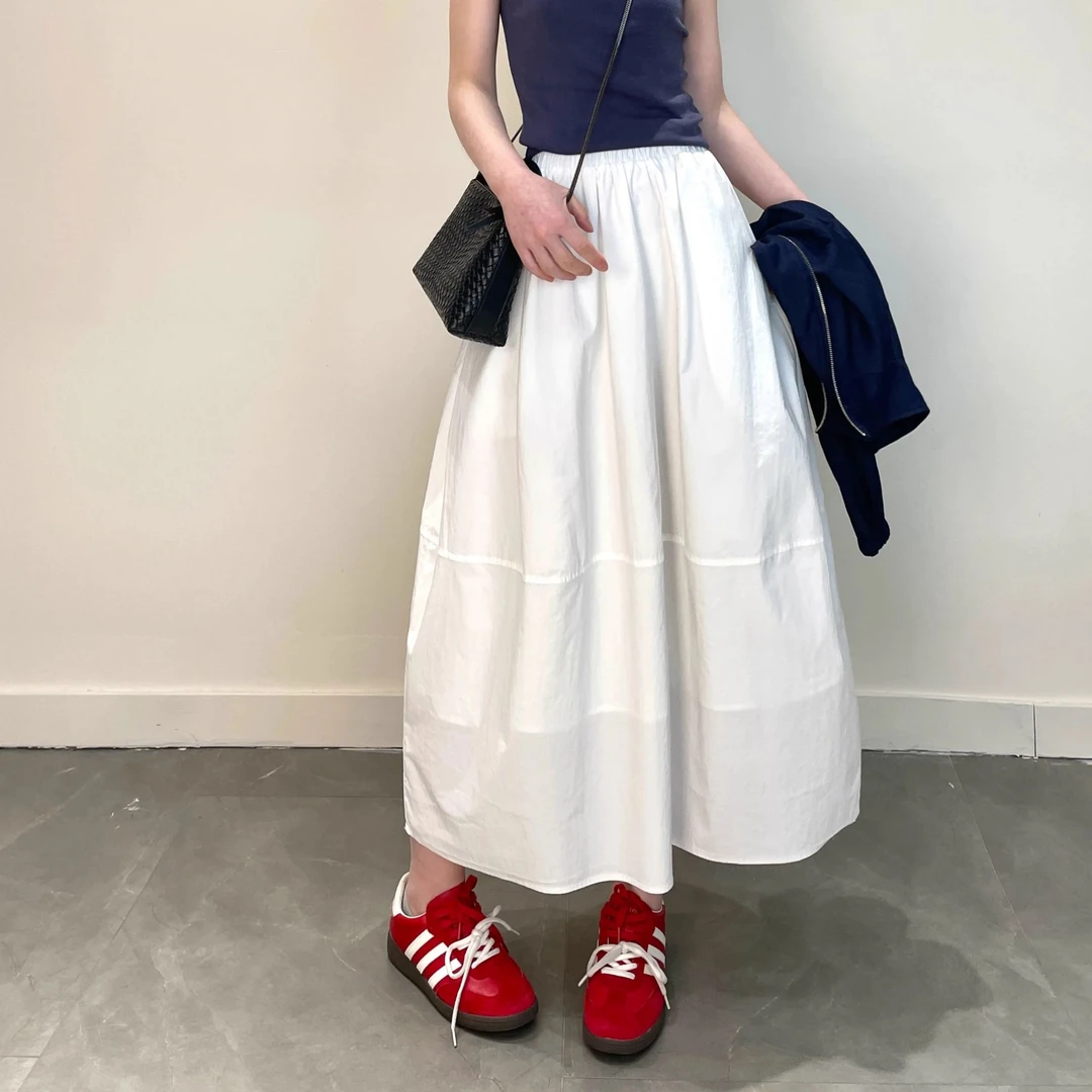 设计感拼接白色半身裙女春夏款高腰a字半裙中长款廓形伞裙花苞裙