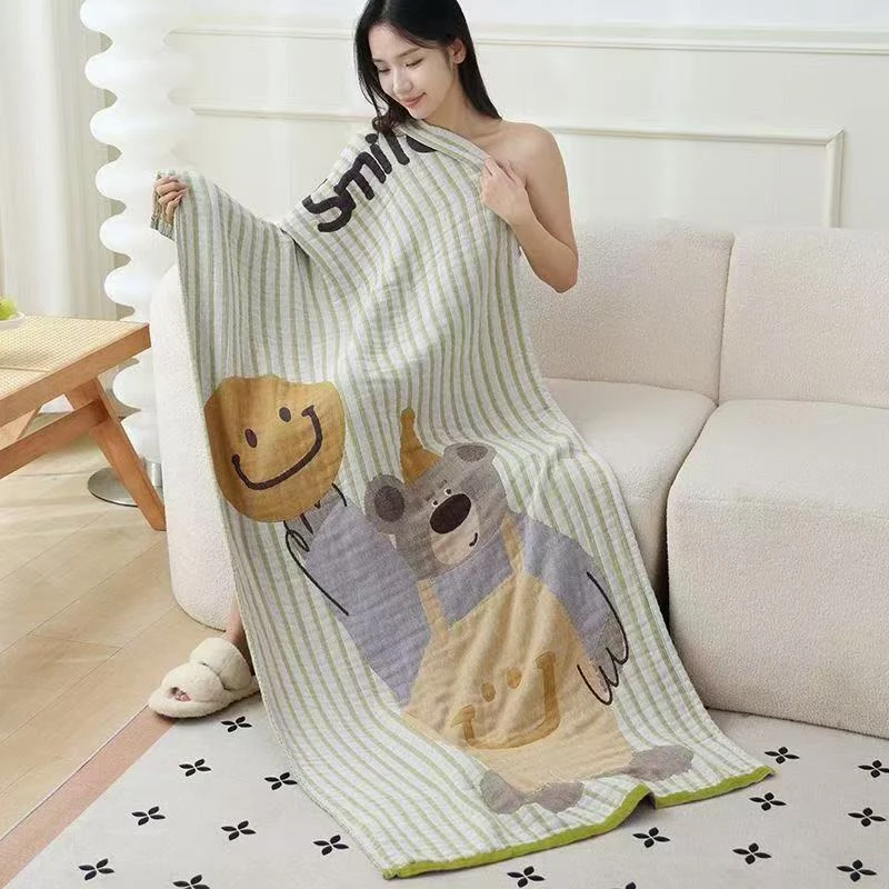 绿色条纹小熊浴巾可爱纯棉柔软亲肤成人超大洗澡吸水大浴巾家用