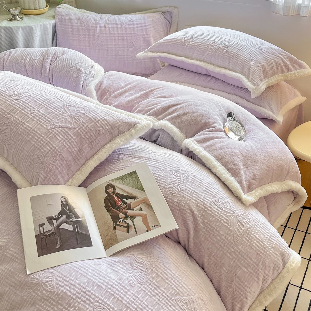 A类雕花牛奶绒被罩四件套抗静电加厚被套床单床笠款三件套床上用4