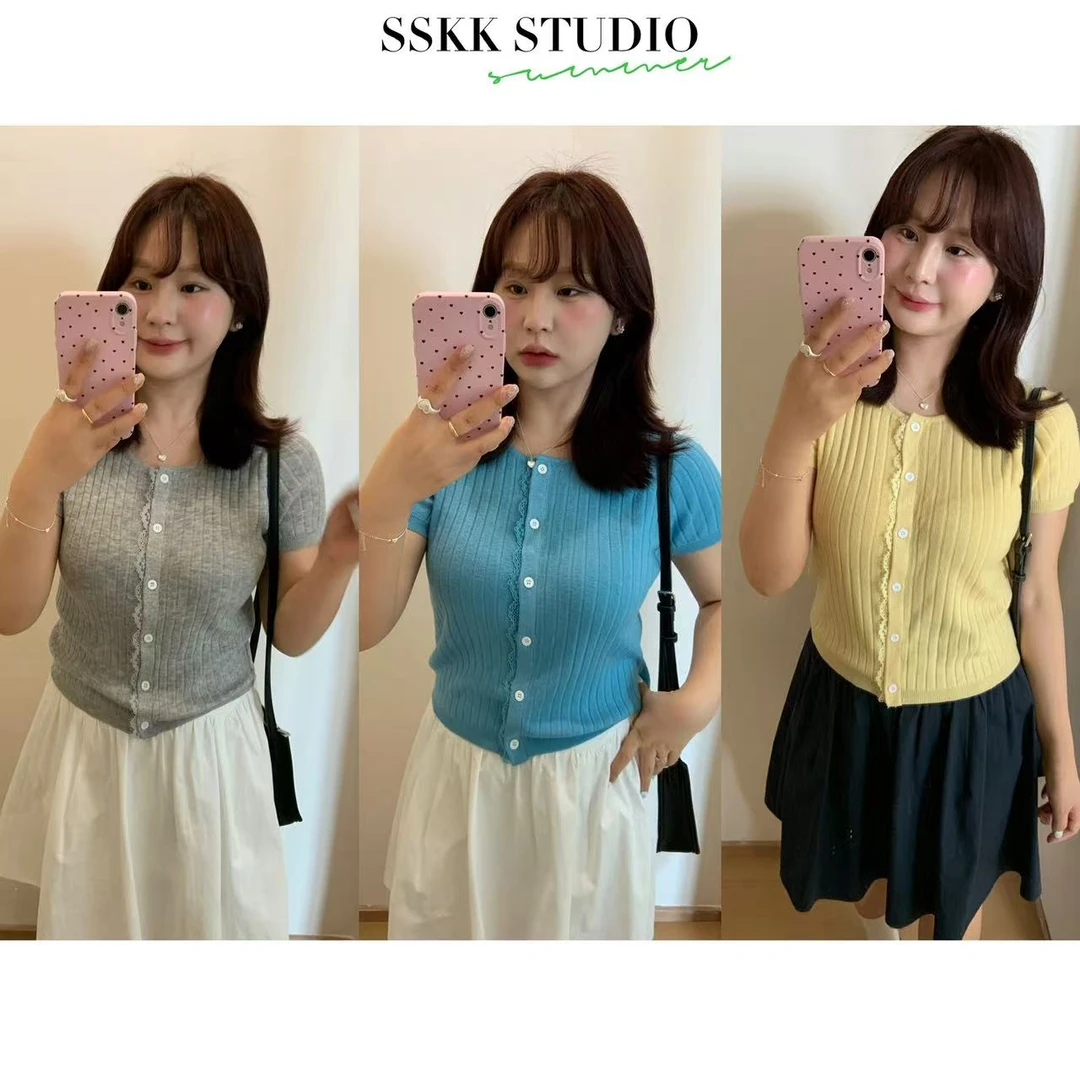 KMZY/KMZY山_山【心动夏日】微胖女装韩系薄款花边冰丝毛织短袖上衣