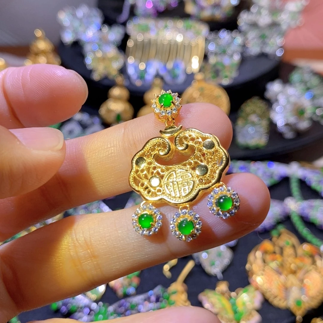 吊坠(不含链)银S925镶嵌翡翠