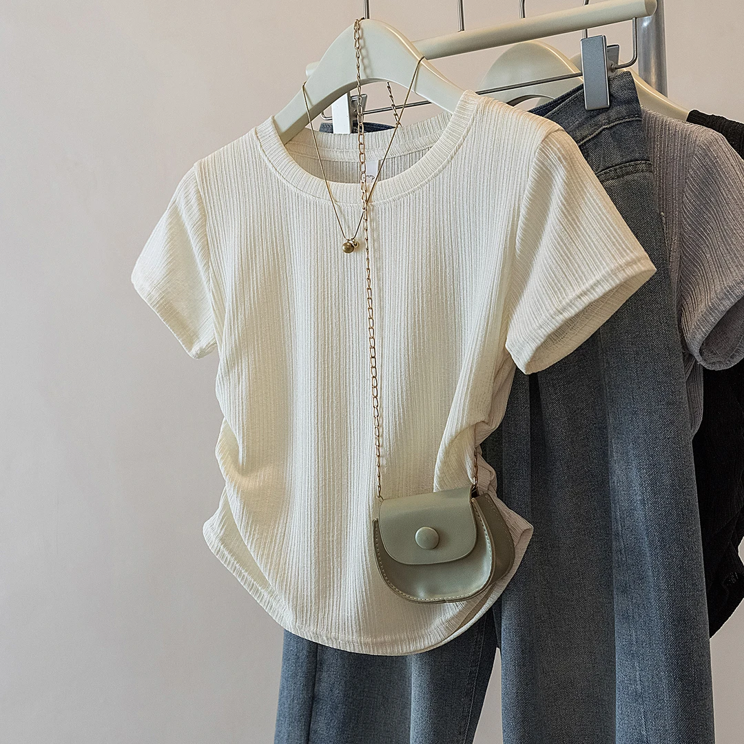 yoewshean/羽媗夏季微胖mm大码女装雪纺收腰修身百搭时尚短袖T恤