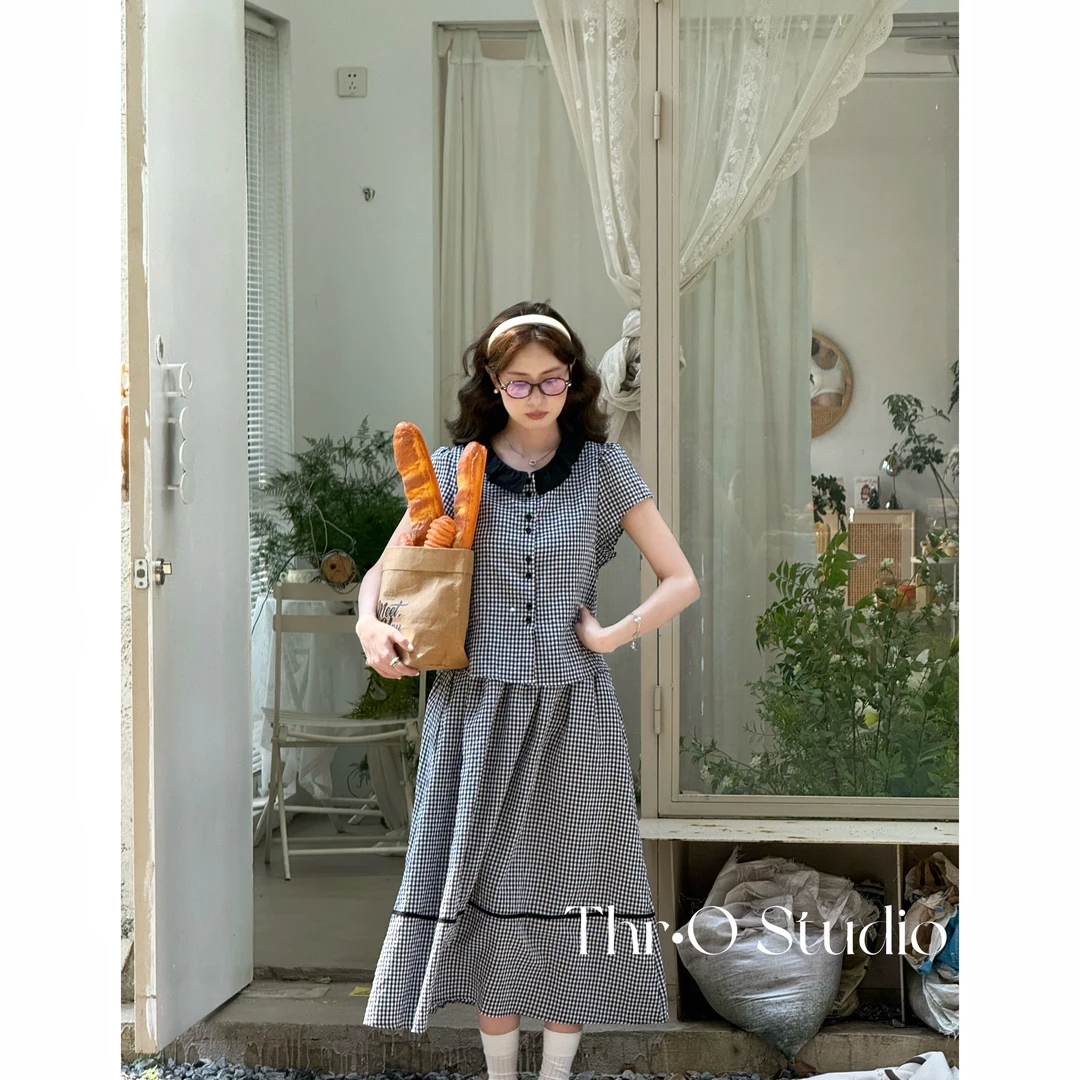 【童话小屋】韩系复古文艺甜美格纹短袖衬衫+松紧腰A字半身裙两件套