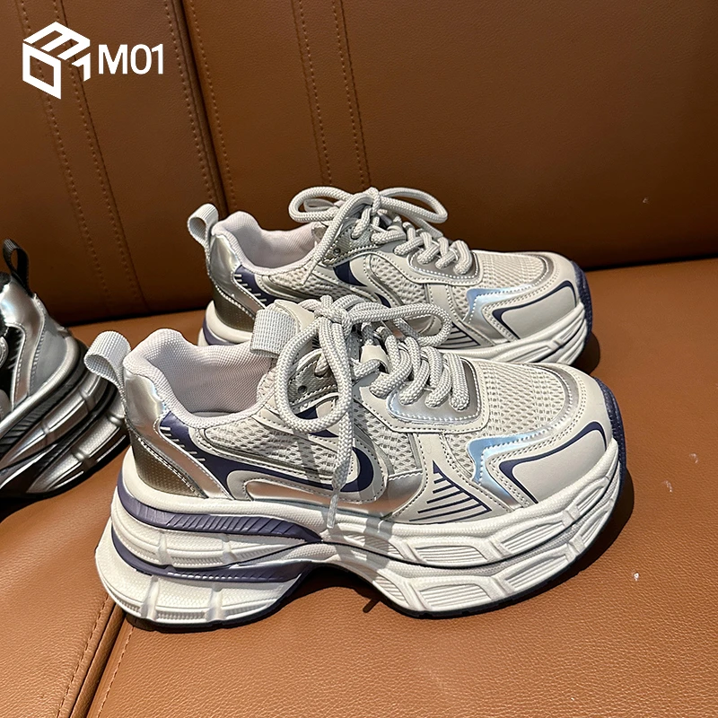 M01明星同款银色厚底老爹鞋女2025夏新款增高复古炸街休闲运动鞋