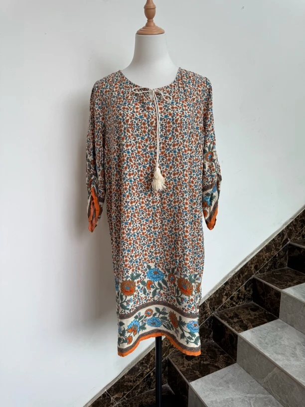 民族风不褪色夏季印花连衣裙百搭圆领长款女士复古碎花连衣裙