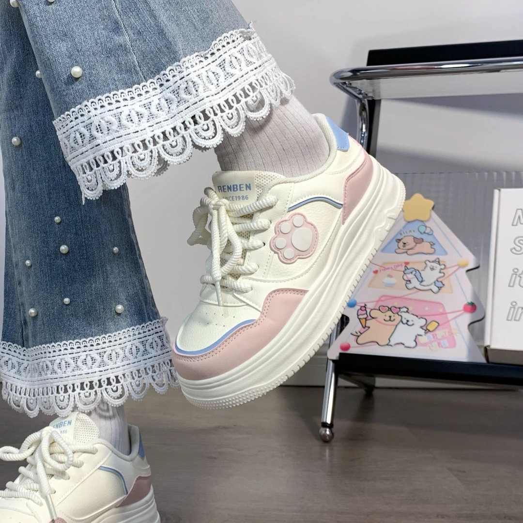 人本小白鞋女新款猫爪板鞋可爱女款百搭爆款学生休闲女鞋运动鞋子