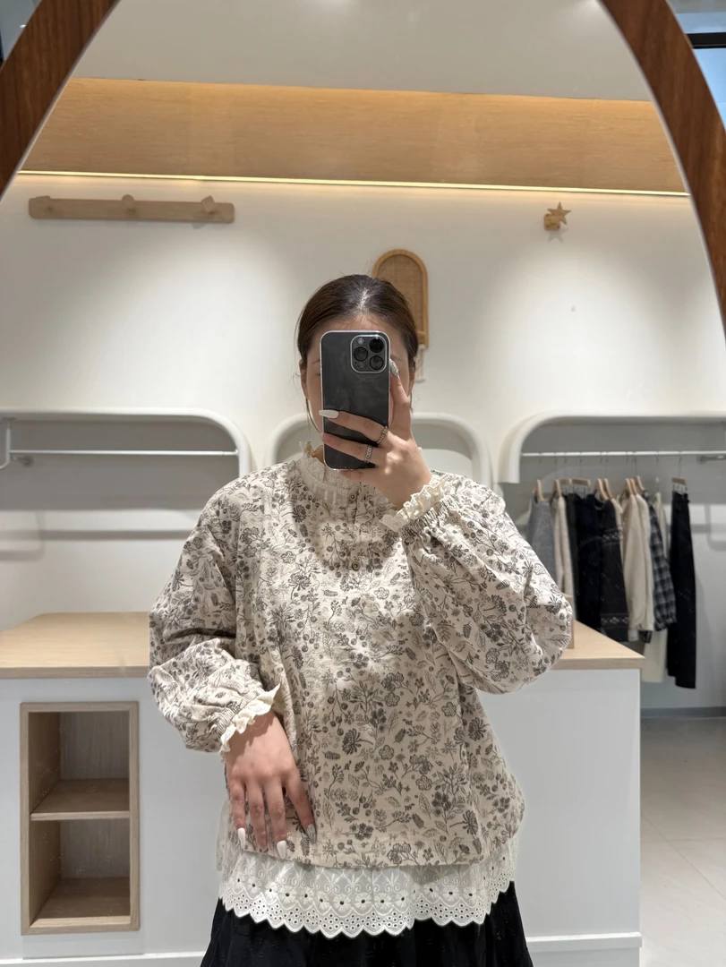 （简麻）秋季女长袖设计感磨毛蕾丝碎花四季通用田园风衬衫外套J110