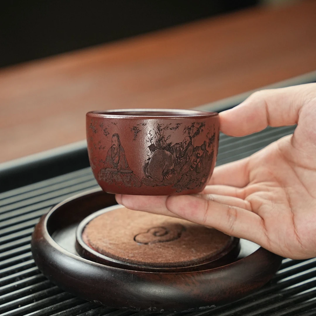 宜兴正宗原矿紫砂龙血砂纯手工刻竹林七贤高档紫砂茶器主人杯 TM