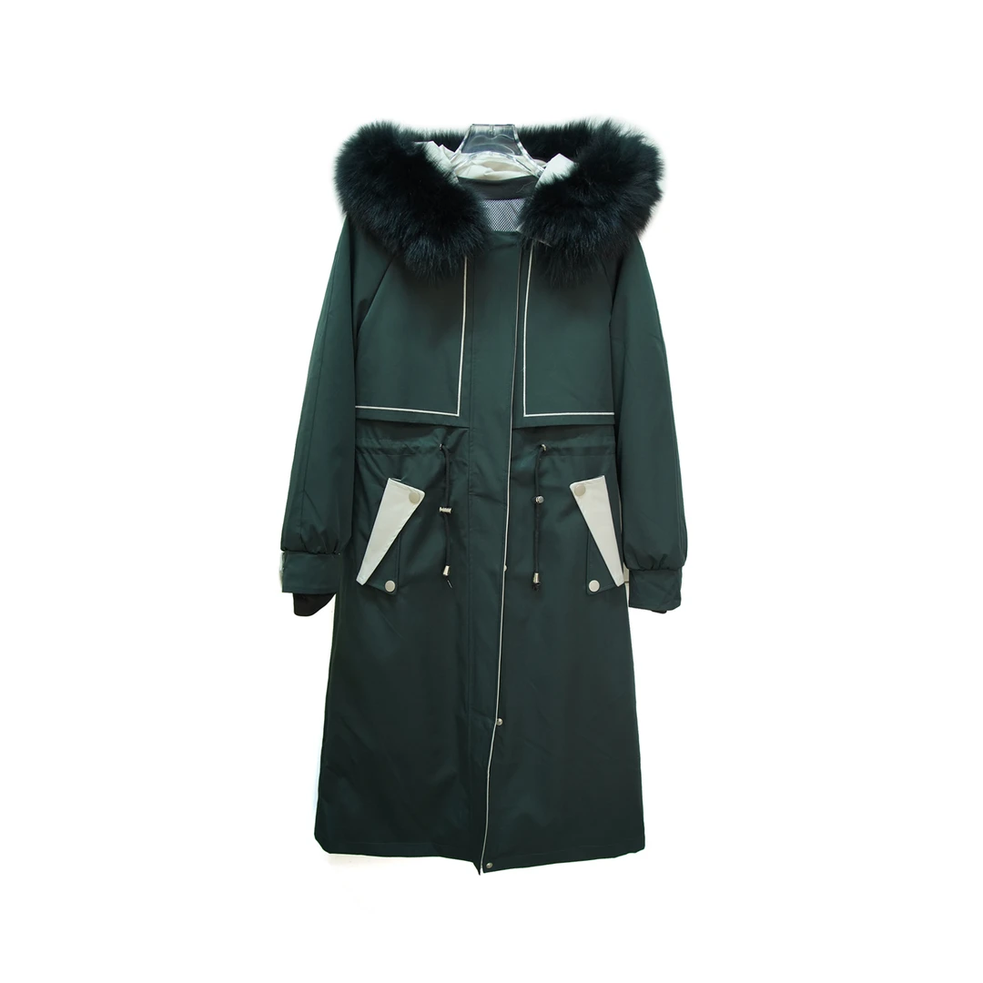 20239时尚墨绿色连帽拼接收腰简约百搭外套