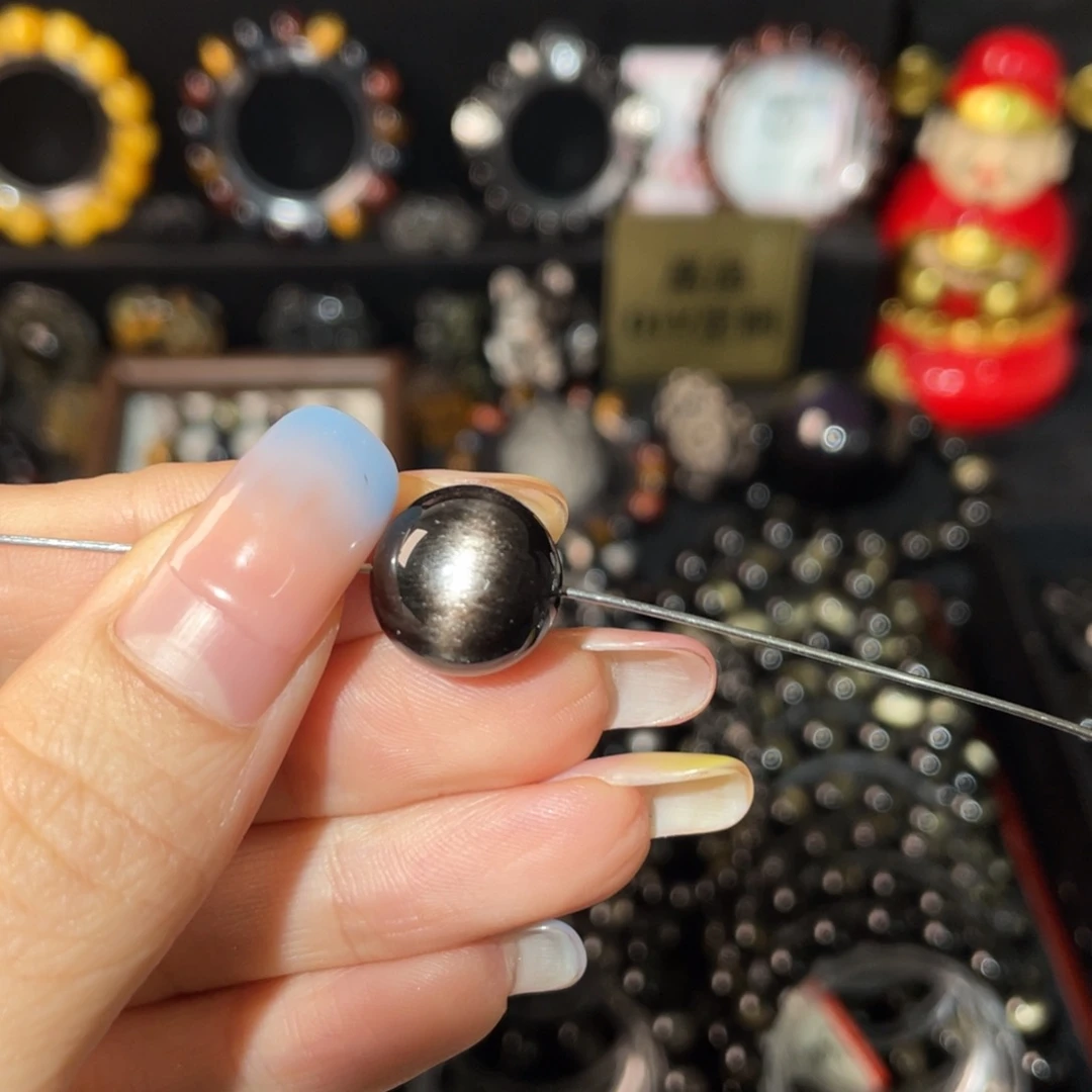 哼***哈黑曜岩未镶嵌手链14mm猫眼银曜石单珠