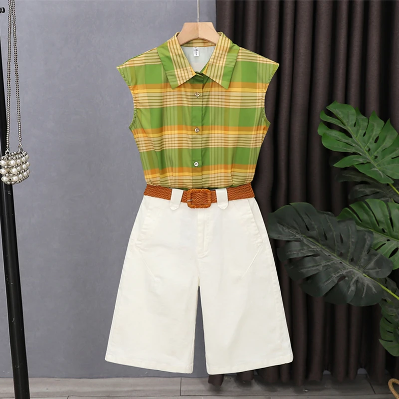 2025洋气时髦女套装女士宽松休闲格子衬衫百搭韩系夏天衣服五分裤