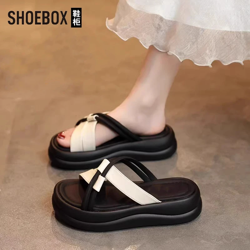 SHOEBOX鞋柜厚底凉拖鞋女2025新款夏外穿配裙子一字拖沙滩鞋