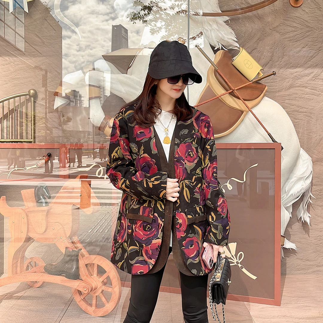 【玉洁定制】“彩色玫瑰”真丝香云纱牡丹印花显瘦西装外套女LBW24041