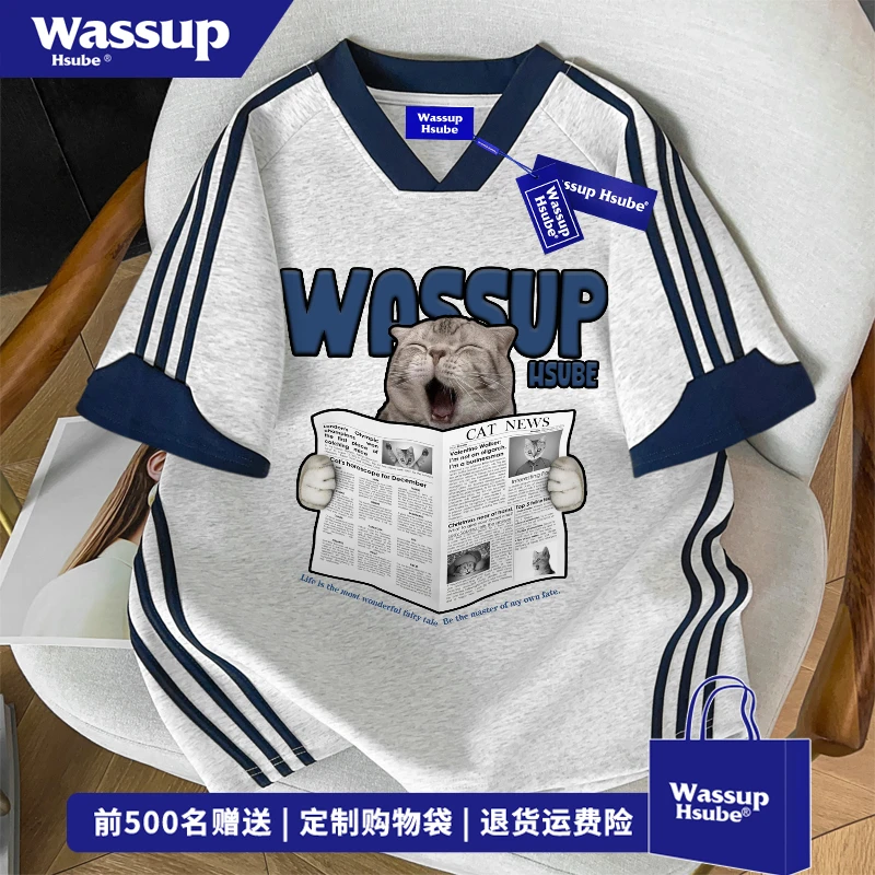 WASSUP HSUBE美式小猫字母印花短袖T恤男休闲风白灰色拉藏青上衣