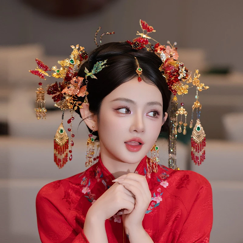 合金树脂婚庆饰品 新娘头饰中式红金拼色秀禾晨袍后区发饰品G0271