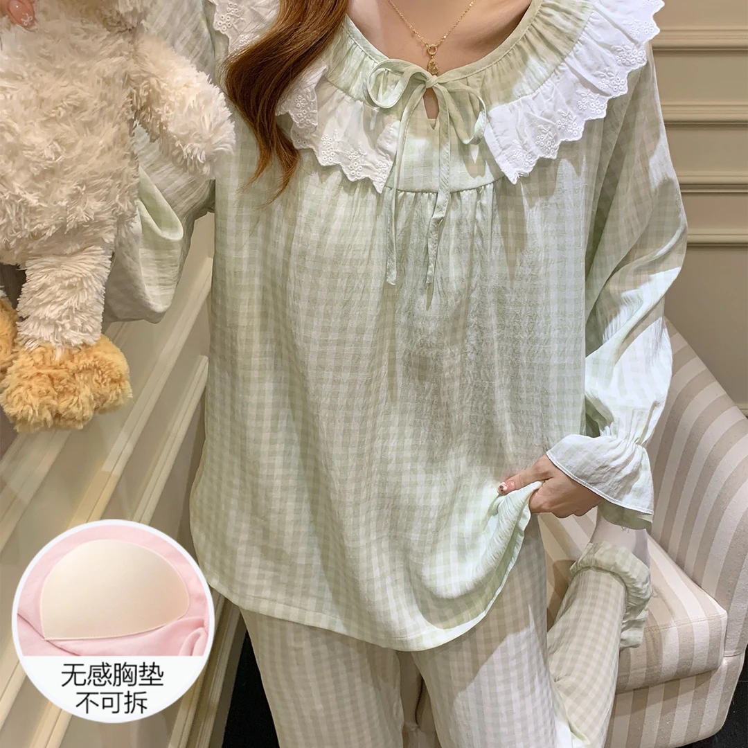 睡衣女秋冬季云朵棉长袖大码带胸垫2025新款公主风绿色套装家居服