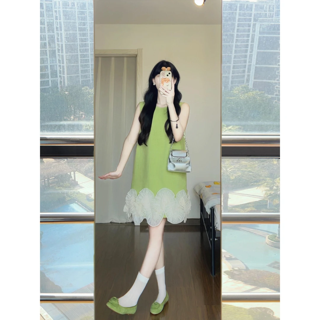 森系小个子牛油果绿蕾丝花边连衣裙女夏季新款甜美减龄无袖背心裙