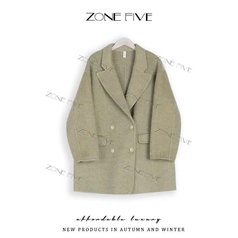 【zonefive】新款双面呢大衣女短款枪驳领双排扣显瘦宽松8501