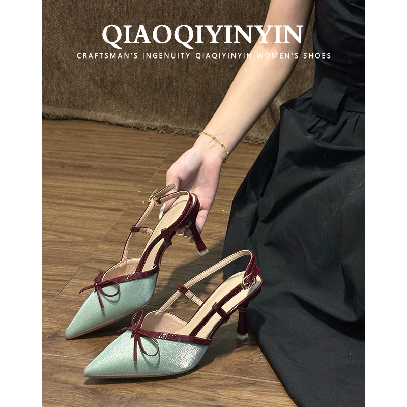 乔气银银 绿色高跟鞋女2025新款法式尖头单鞋细跟绝美黑色工作鞋