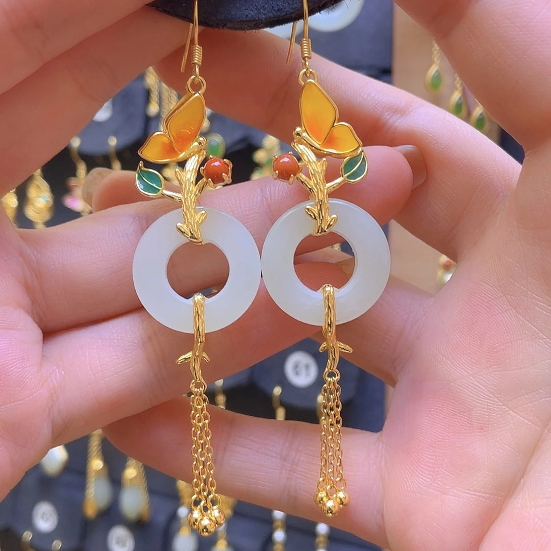 和田玉银S925镀金镶嵌耳饰