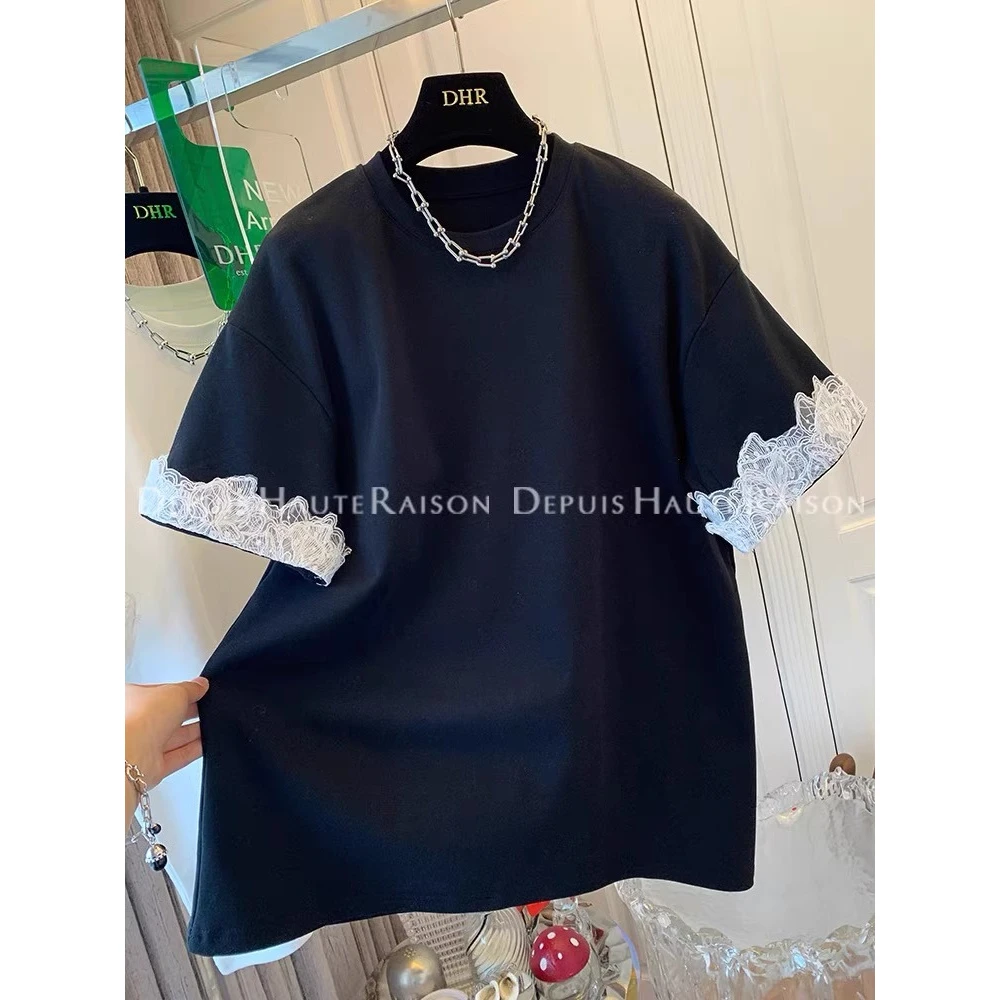 特大码240斤韩系蕾丝短袖T恤女圆领拼接月胖MM宽松上衣女潮重工