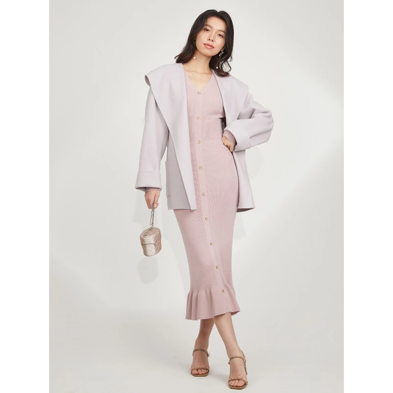 【DD外贸】 秋冬上新 S 气质优雅羊毛呢系带连帽大衣外套