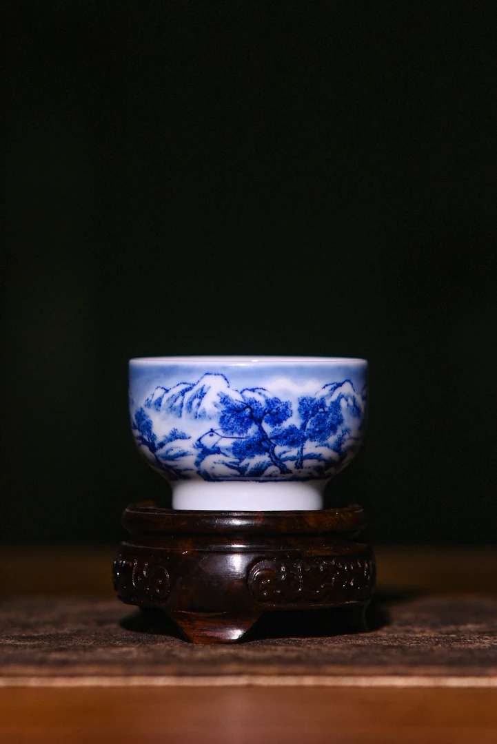 景德镇九段烧妙手青花青花雪景主人杯缠枝手绘小压手杯A3茶杯陶瓷