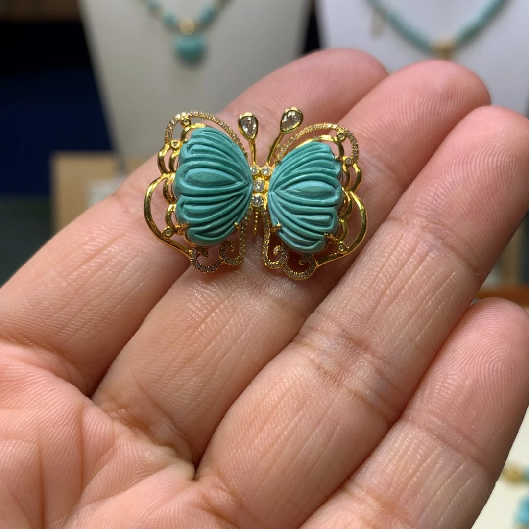 绿松石18K金镶嵌卡子，挂件