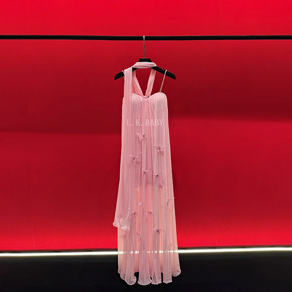 【L.K.BABY】 美若天仙 法式纯欲云纱风琴褶蝴蝶度假抹胸吊带连衣裙